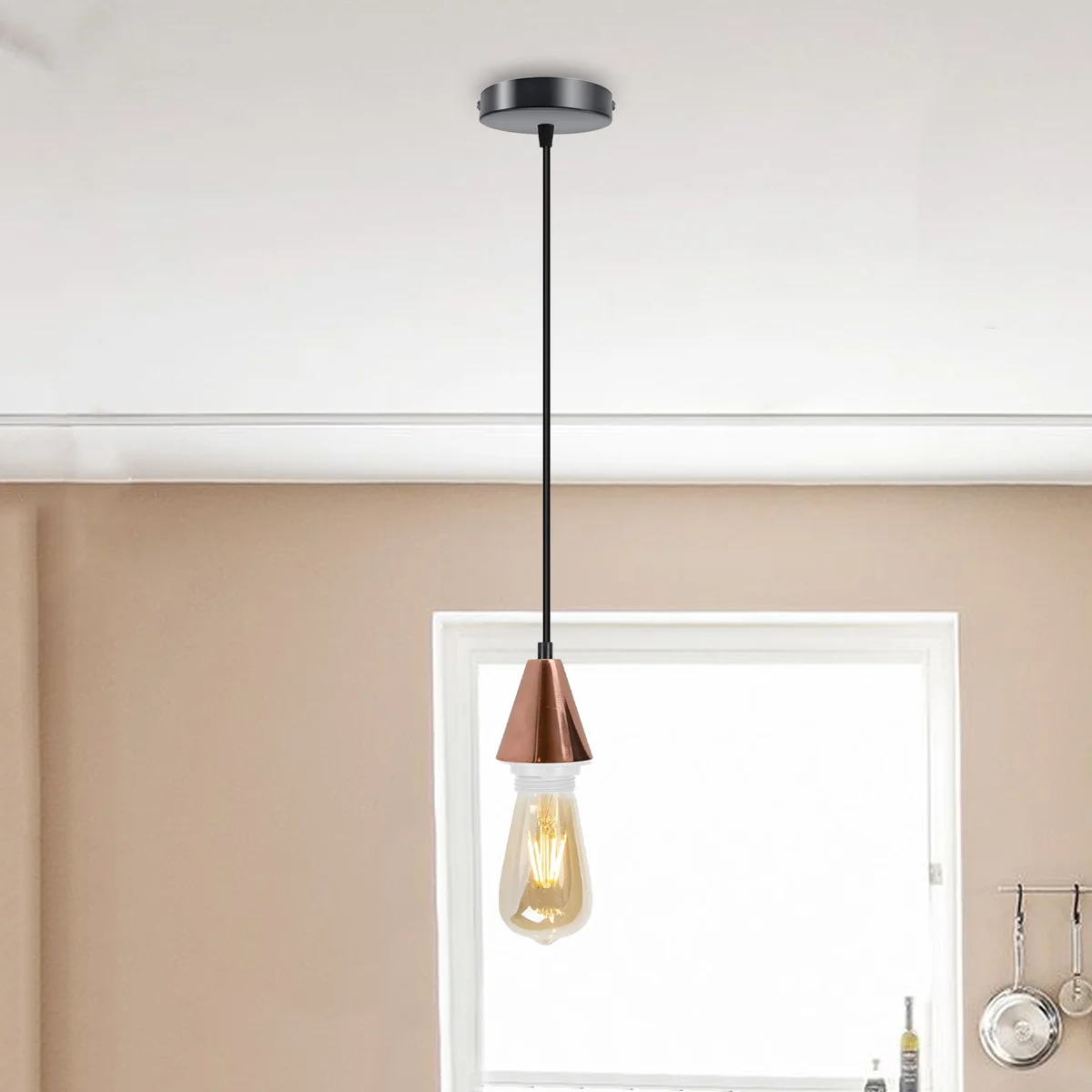 Industrial pendant lighting metal base in black, copper, satin nickel with 90cm PVC cord, includes light holder