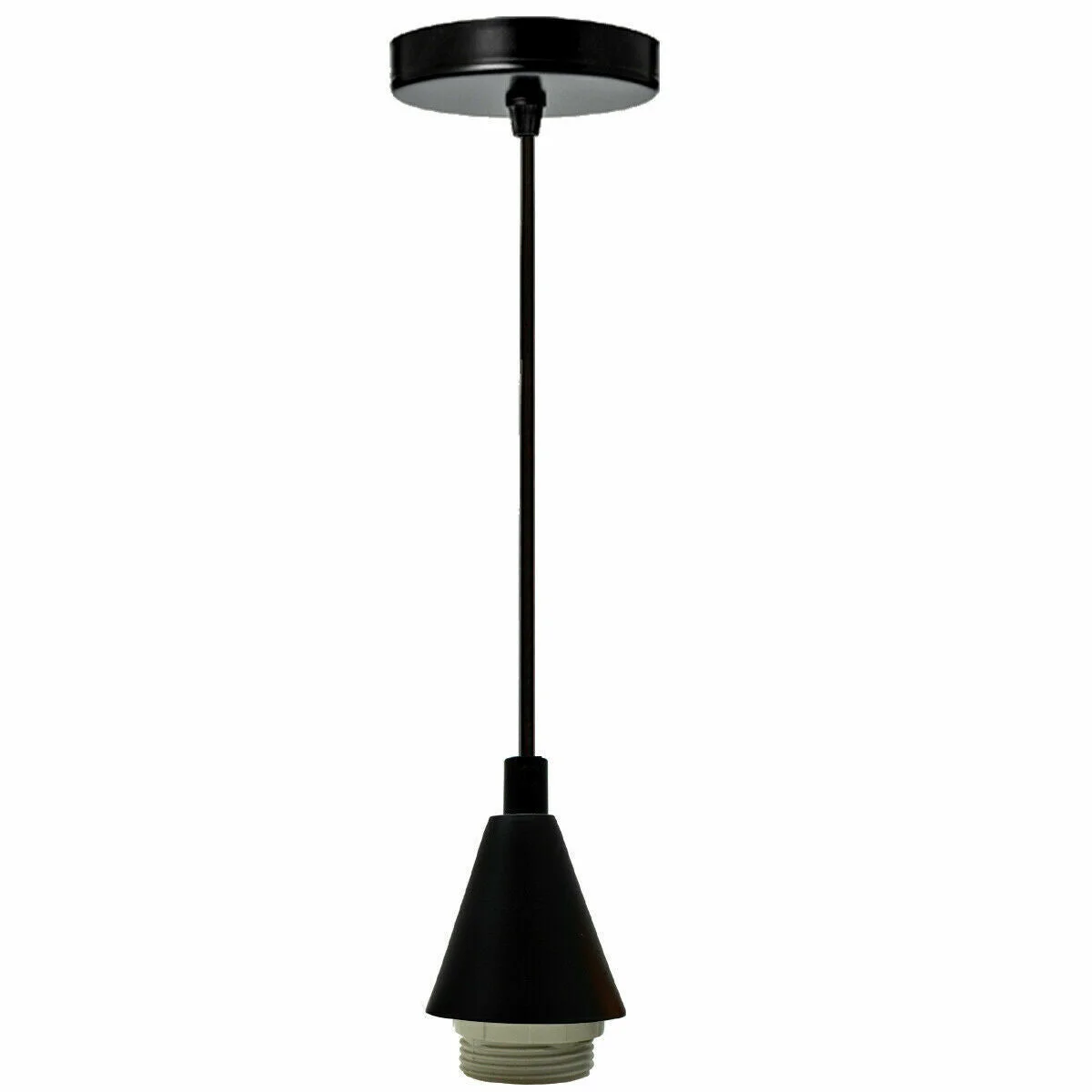 E27 pendant lamp with black metal body, PVC wire, 90 cm length, ready to mount on ceiling. E27 base included