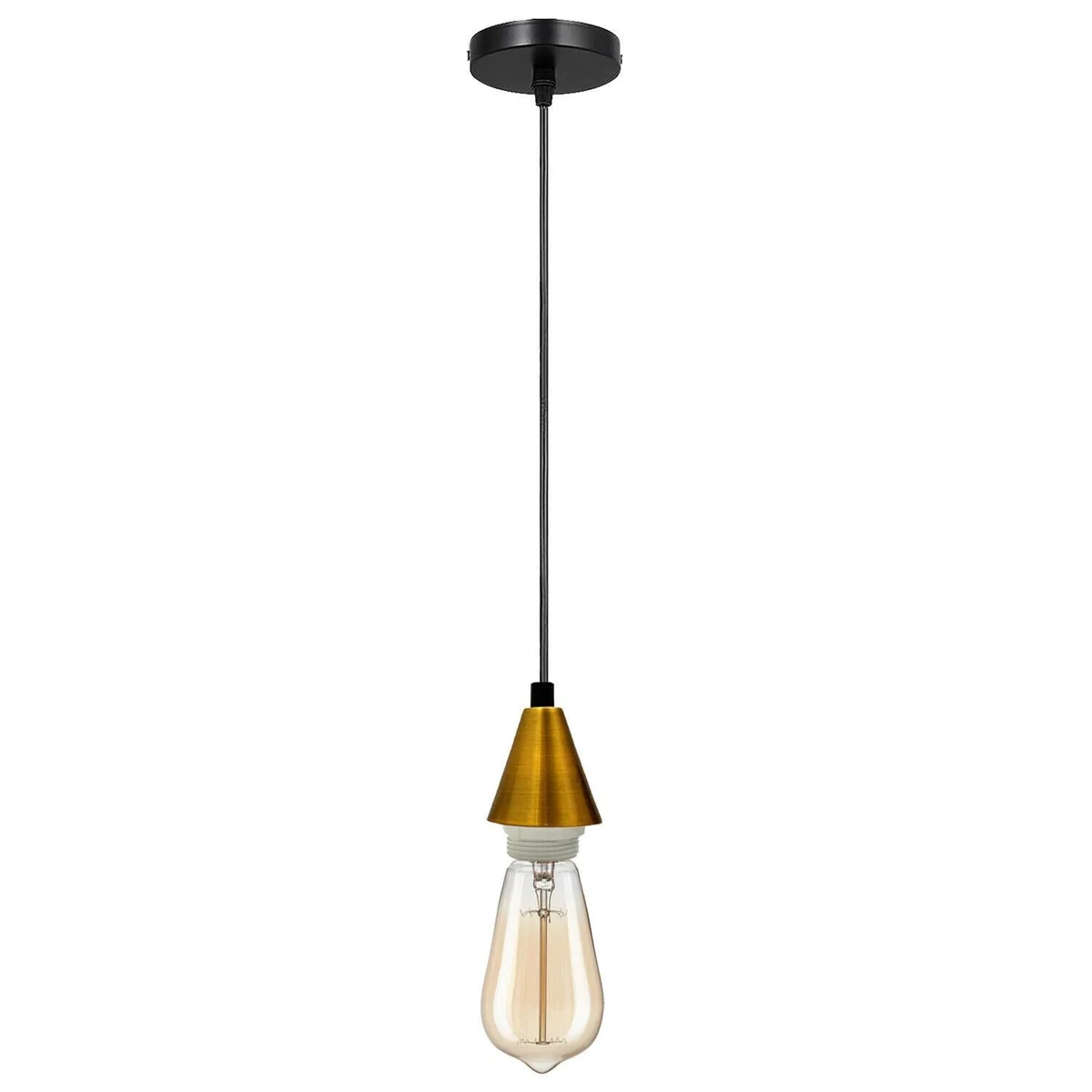 Industrial pendant lighting hanging from metal base with PVC wire and E27 socket, available in black, white and copper.