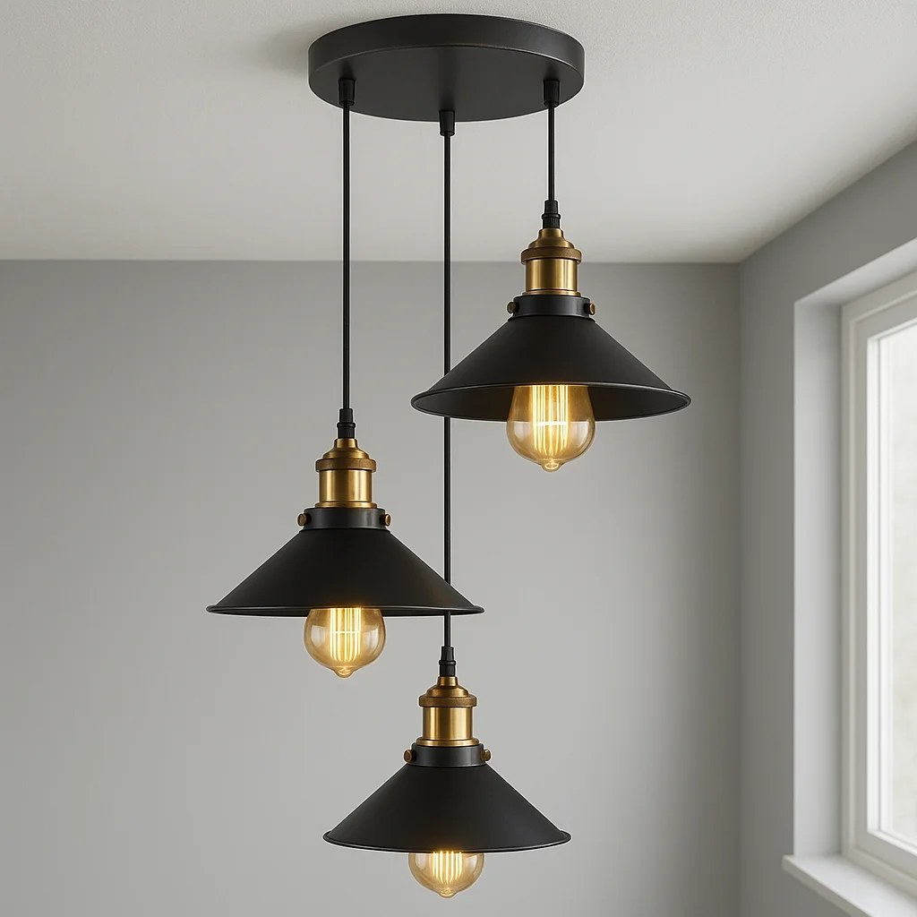 Industrial cluster pendant light with triple metal lights, adjustable 95 cm PVC cable, rose‑gold and copper finish.