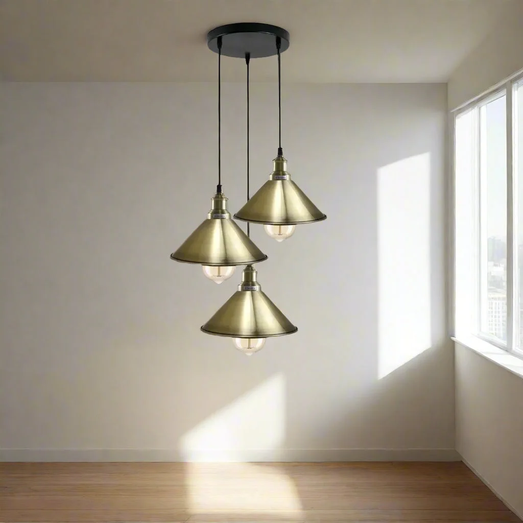 Industrial steampunk 3‑way pendant light with metal screens, 3 E27 fitting ceiling light, adjustable PVC cables.