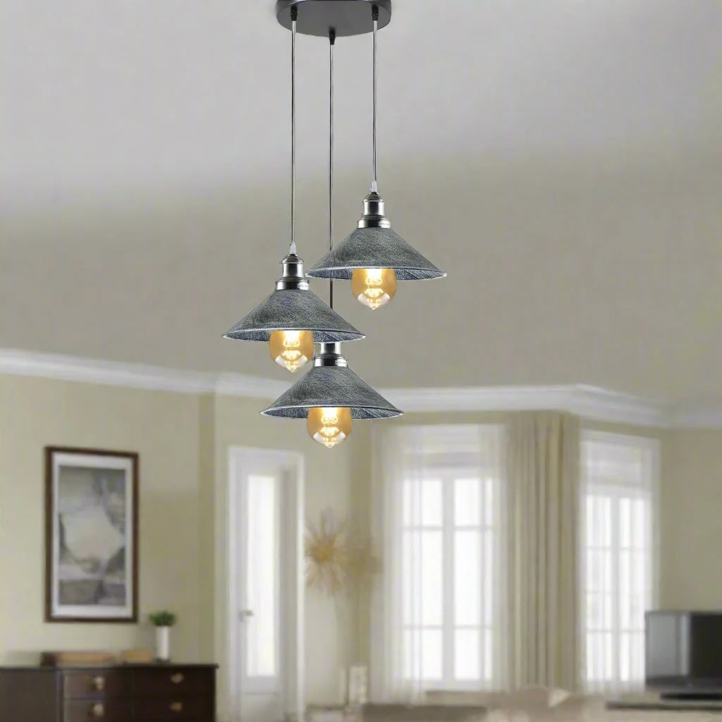 Industrial steampunk 3‑way adjustable height pendant with metal base and rose gold, copper, silver screens, 3 holders