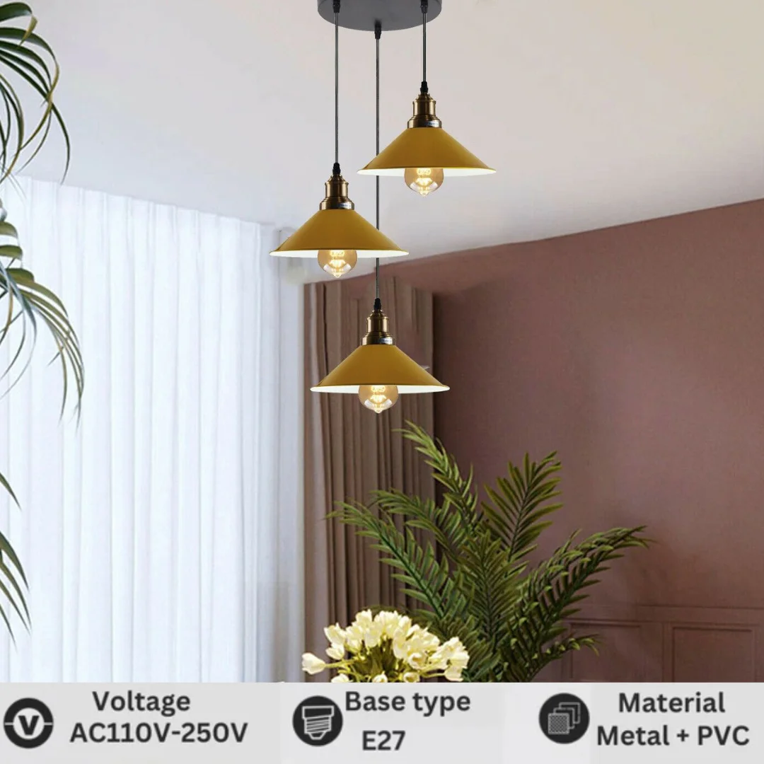 Metal cluster ceiling light: vintage 3‑way pendant with rose gold, copper, brushed silver fittings, adjustable PVC cable