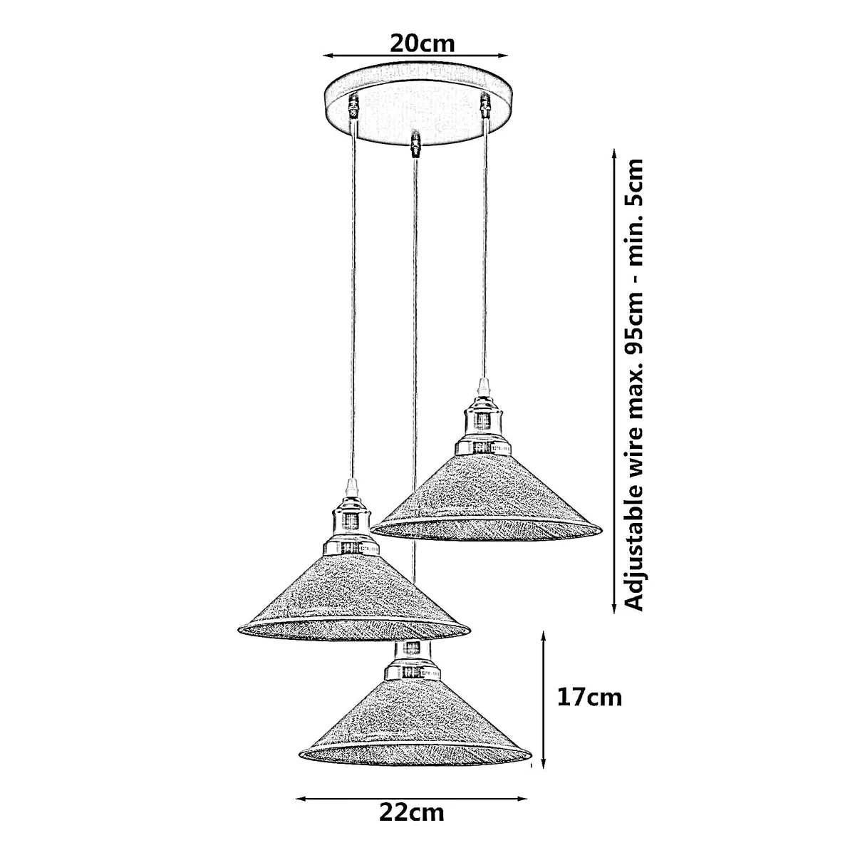 Steampunk pendant lighting: 3‑way metal cluster lamp with adjustable PVC cables, metal screens, rose gold finish