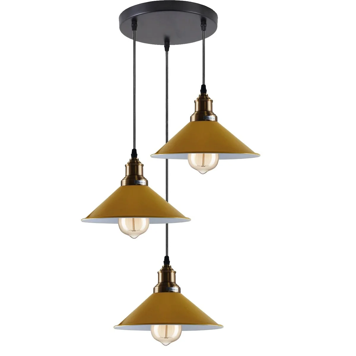 Industrial cluster pendant light with rose gold, copper and brushed silver metal housing, three hanging bulbs, PVC cables