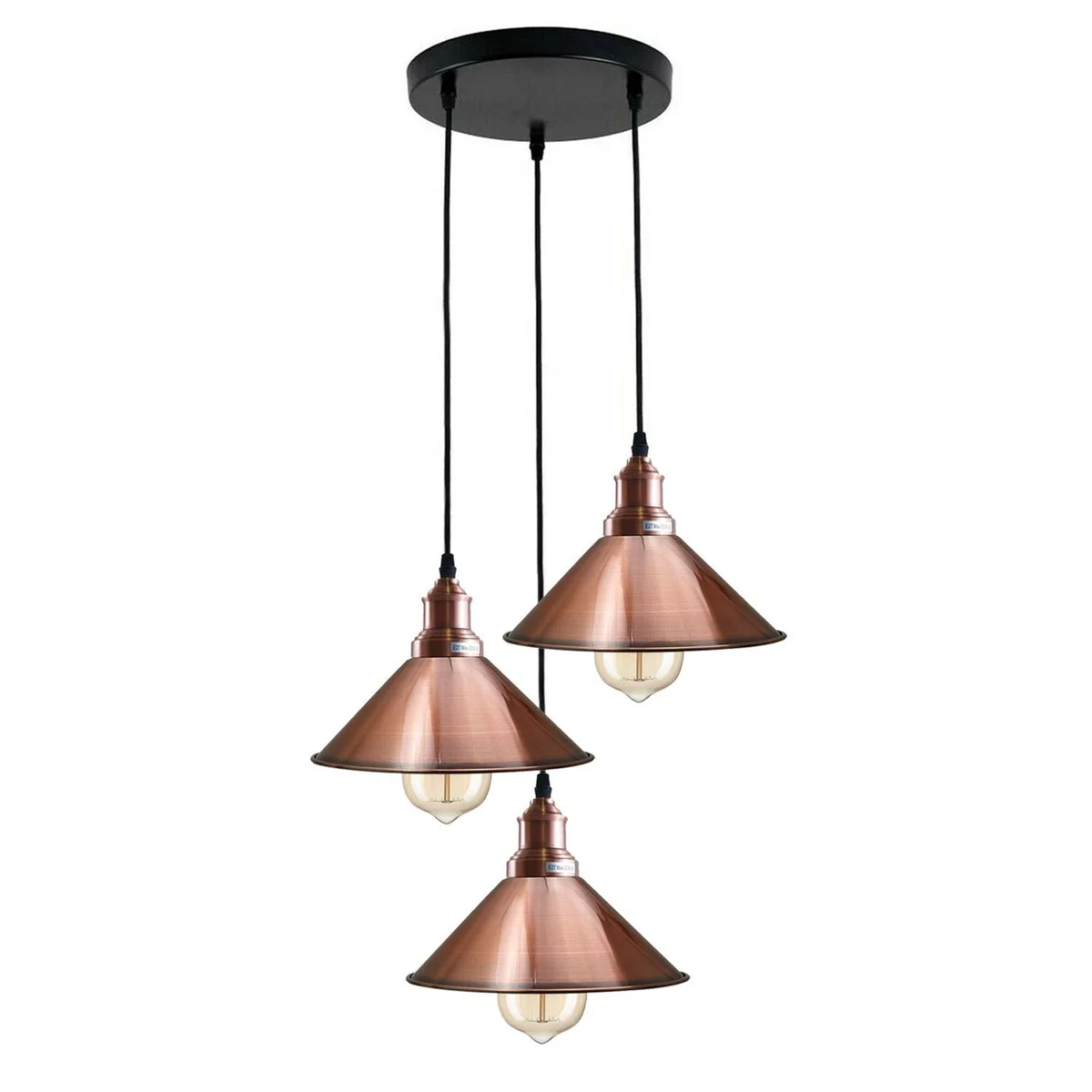 Industrial cluster pendant light with three metal screens and adjustable PVC cables, hanging in a steampunk style.