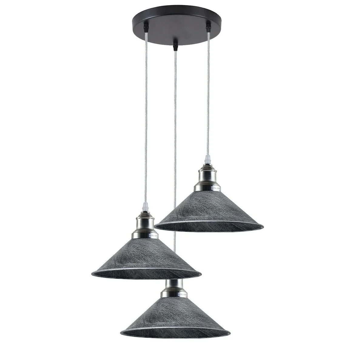 Industrial cluster pendant light with three metal lamps, three E27 holders, adjustable cables for modern and retro interiors.