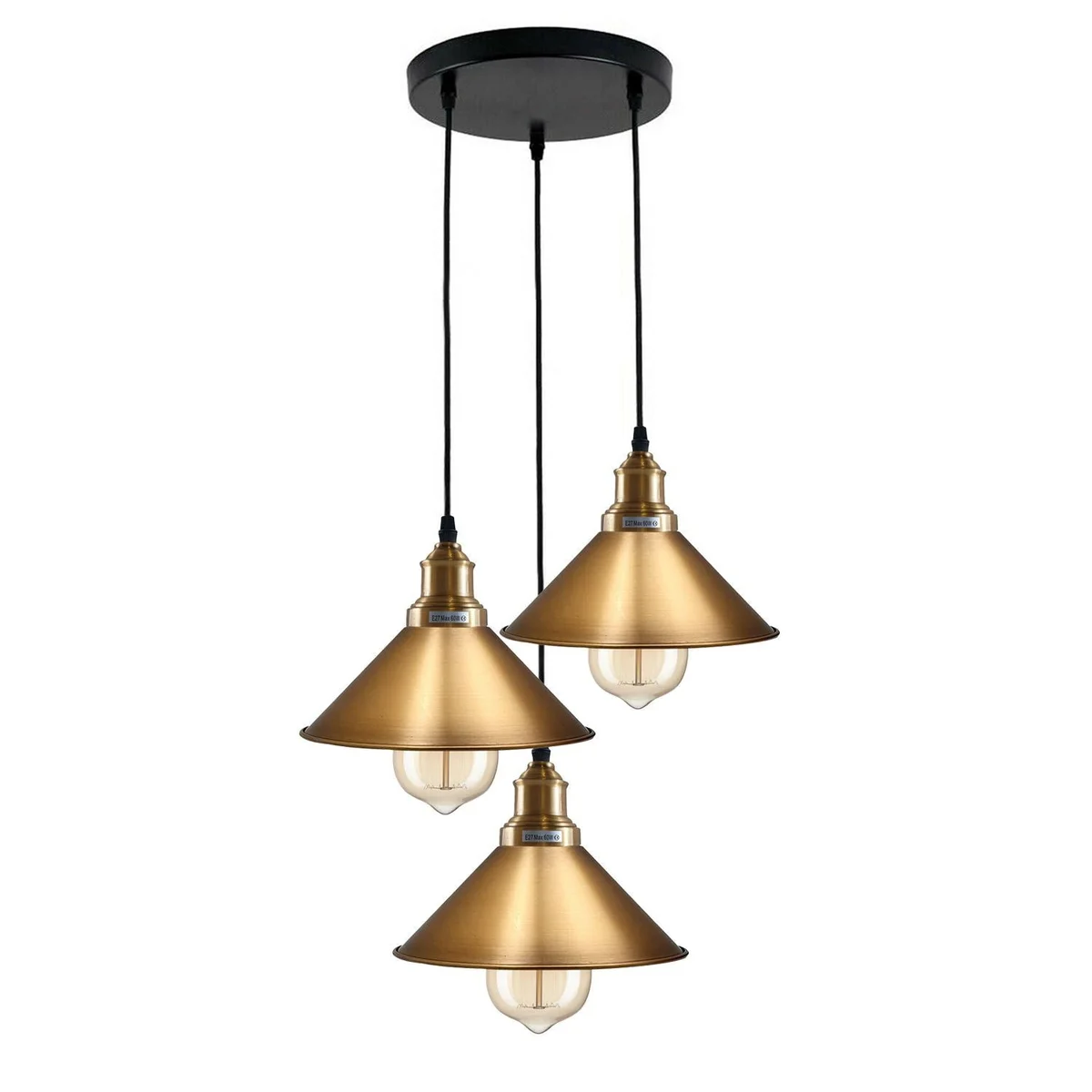 Industrial cluster pendant light with three metal arms, rose gold finish, adjustable PVC cables, suspended over a kitchen island