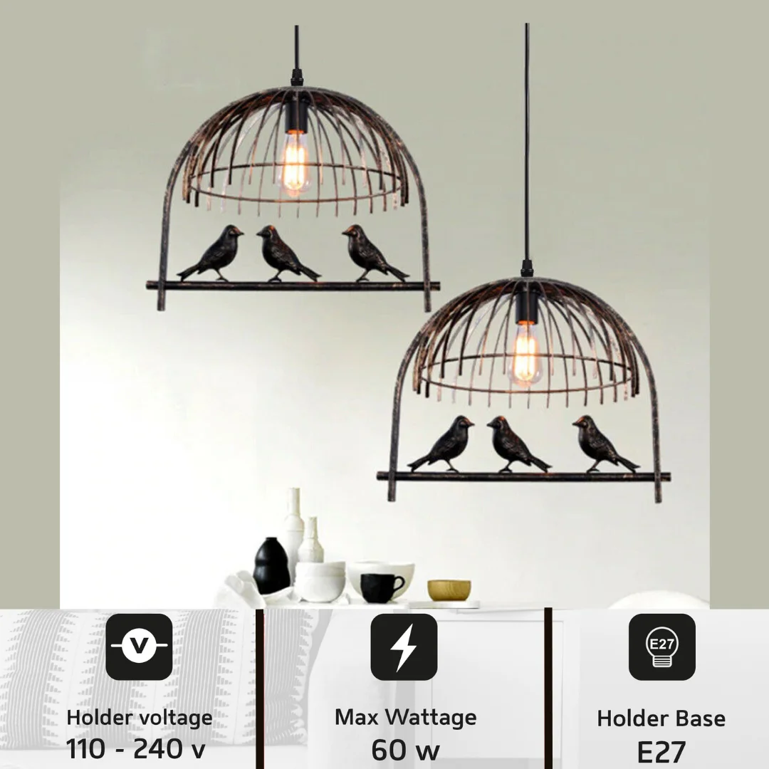 Industrial bird cage pendant light in brushed metal on wall, simple minimalist design suitable for dining or study.