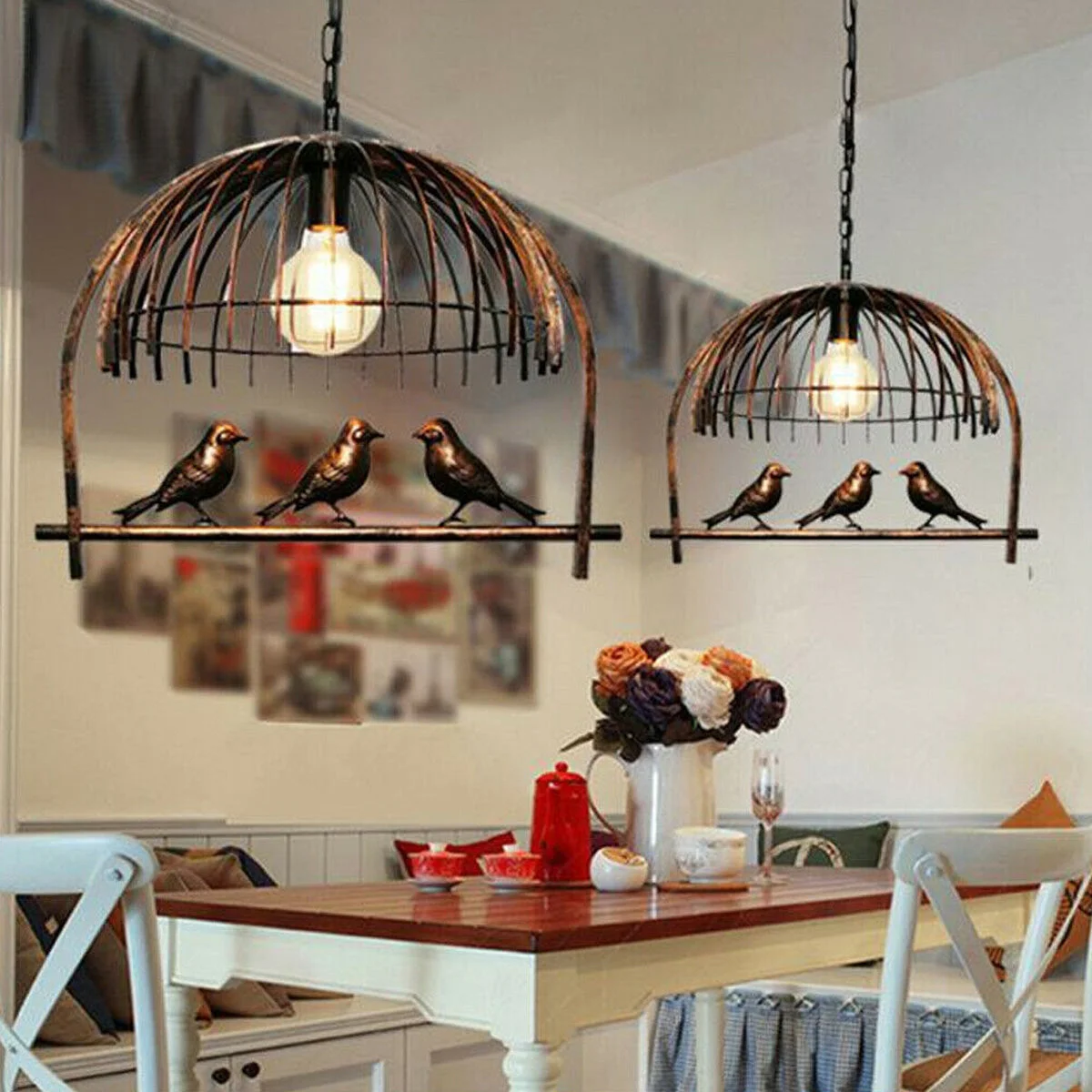 Industrial retro birdcage style metal ceiling pendant light with adjustable height, brushed copper finish and E27 socket.