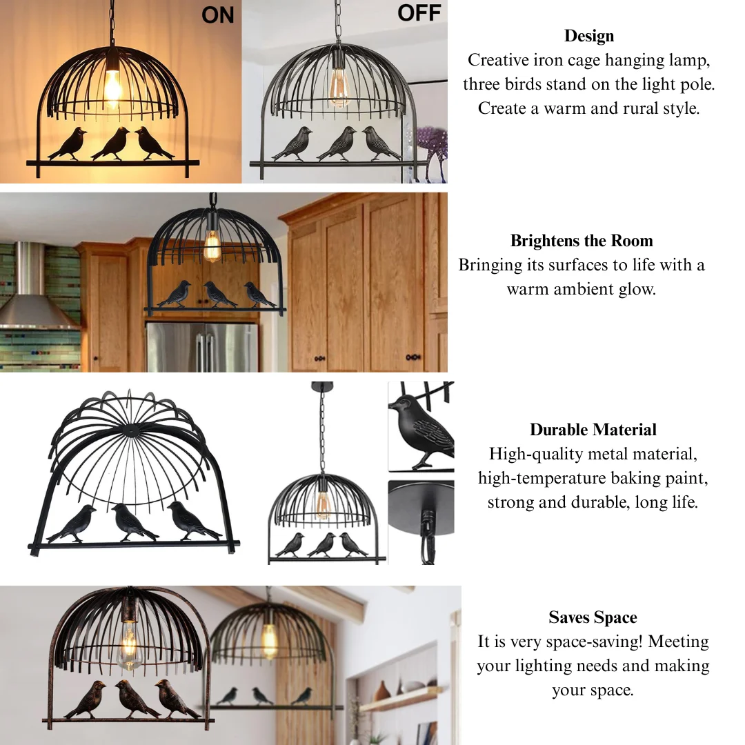 Modern minimalist pendant light, industrial birdcage design, brushed copper frame, adjustable height, dining or living room