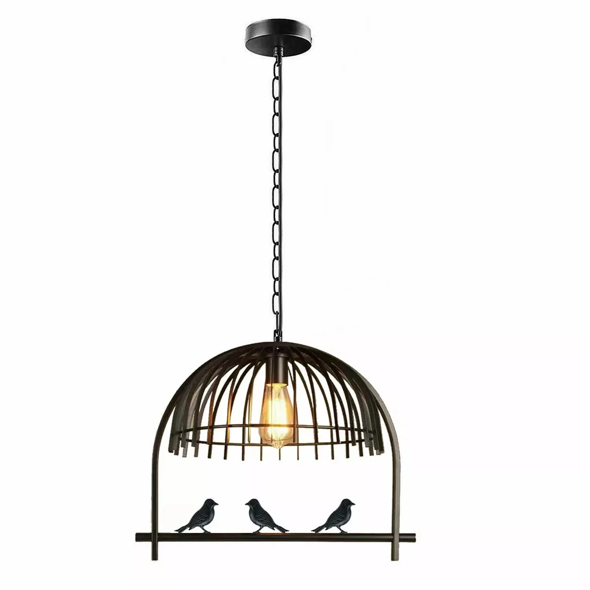 Industrial bird cage pendant light with adjustable height, brushed metal finish, mounted wall fixture, fits E27 screw bulb pendant light