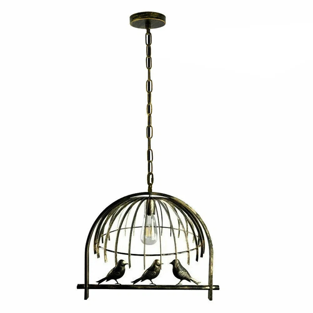 Industrial retro ceiling light featuring a metal birdcage chandelier with adjustable cord, finished in brushed copper.