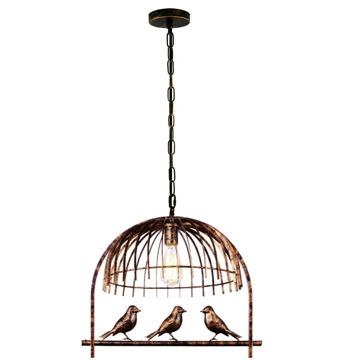 Industrial bird cage pendant light in brushed copper, suspended from ceiling with an E27 socket and detachable cord