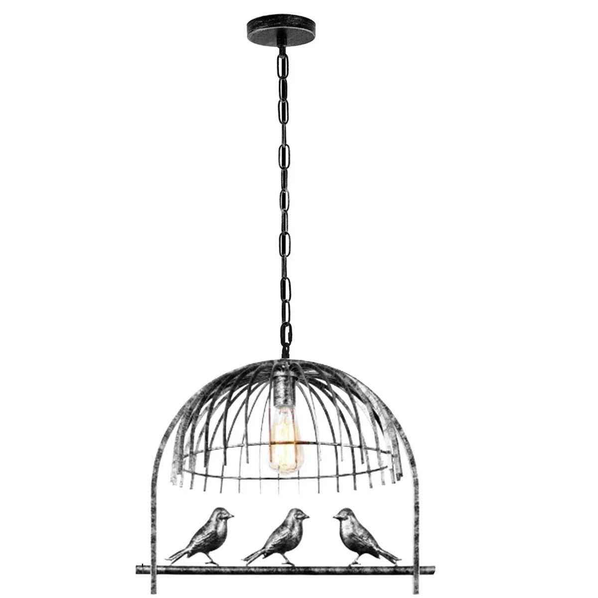 Industrial bird cage pendant light with brushed copper metal frame, adjustable height, hanging from ceiling cord, E27 base.