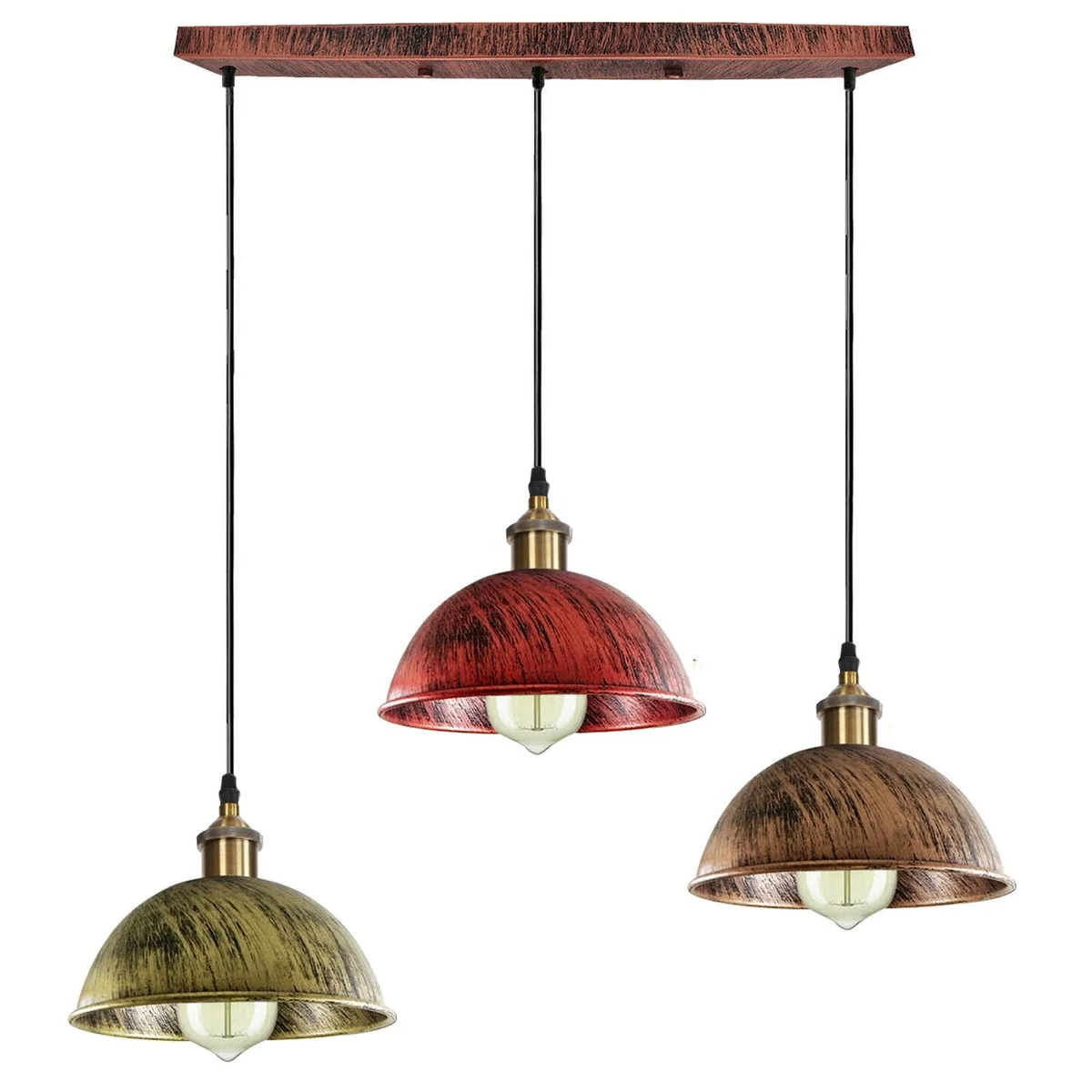 Tri‑head E27 socket pendant light in brushed copper, three shades hanging on a 95 cm PVC cable.