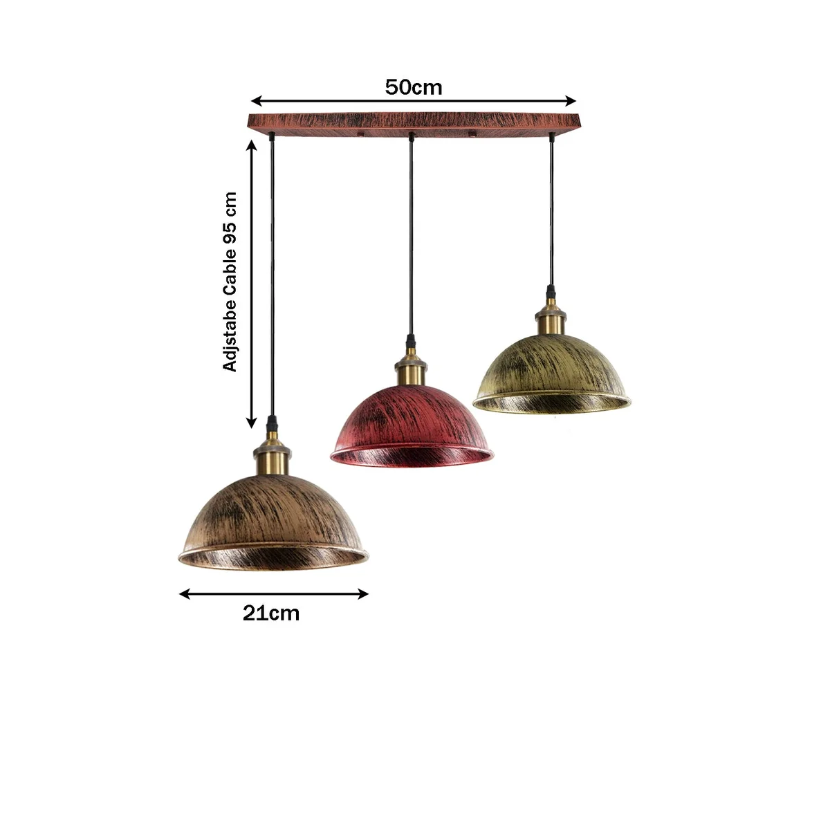 3‑head cluster chandelier lighting in brushed copper and rustic red, metal and PVC wire, hanging from ceiling.