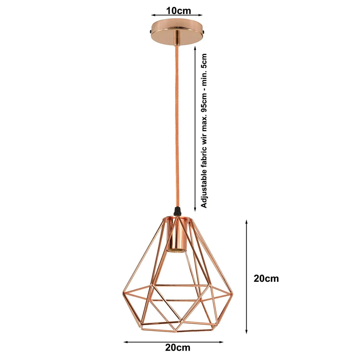 Rose gold industrial pendant light featuring a metal diamond cage, adjustable 95cm cord, E27 base, housed in a ceiling rose.