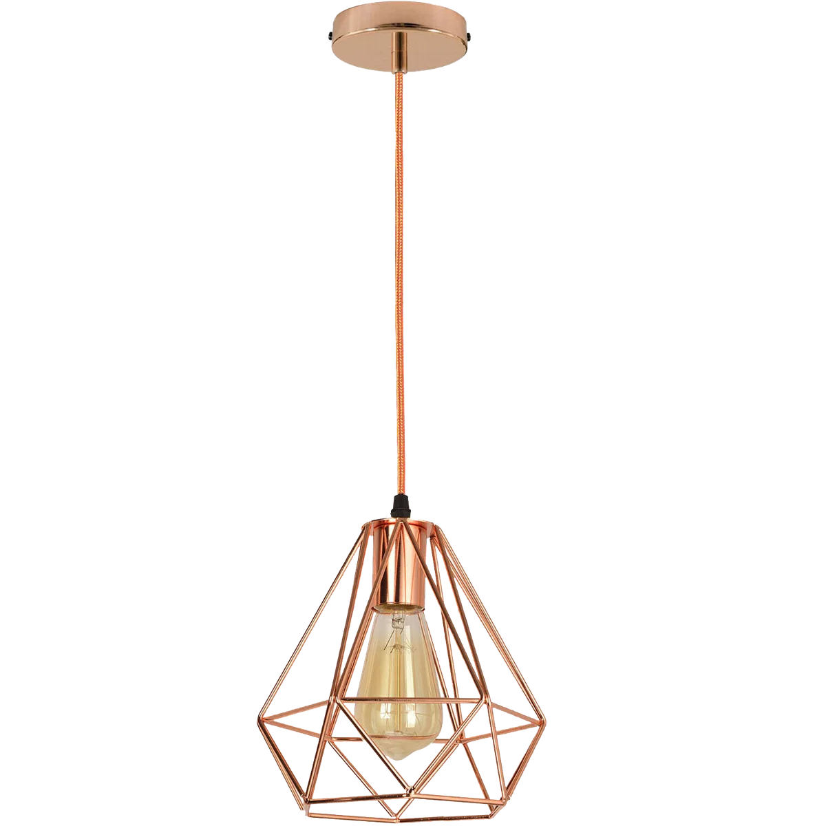 Rose gold metal cage pendant light with diamond pattern, hanging from ceiling, adjustable 95cm holder