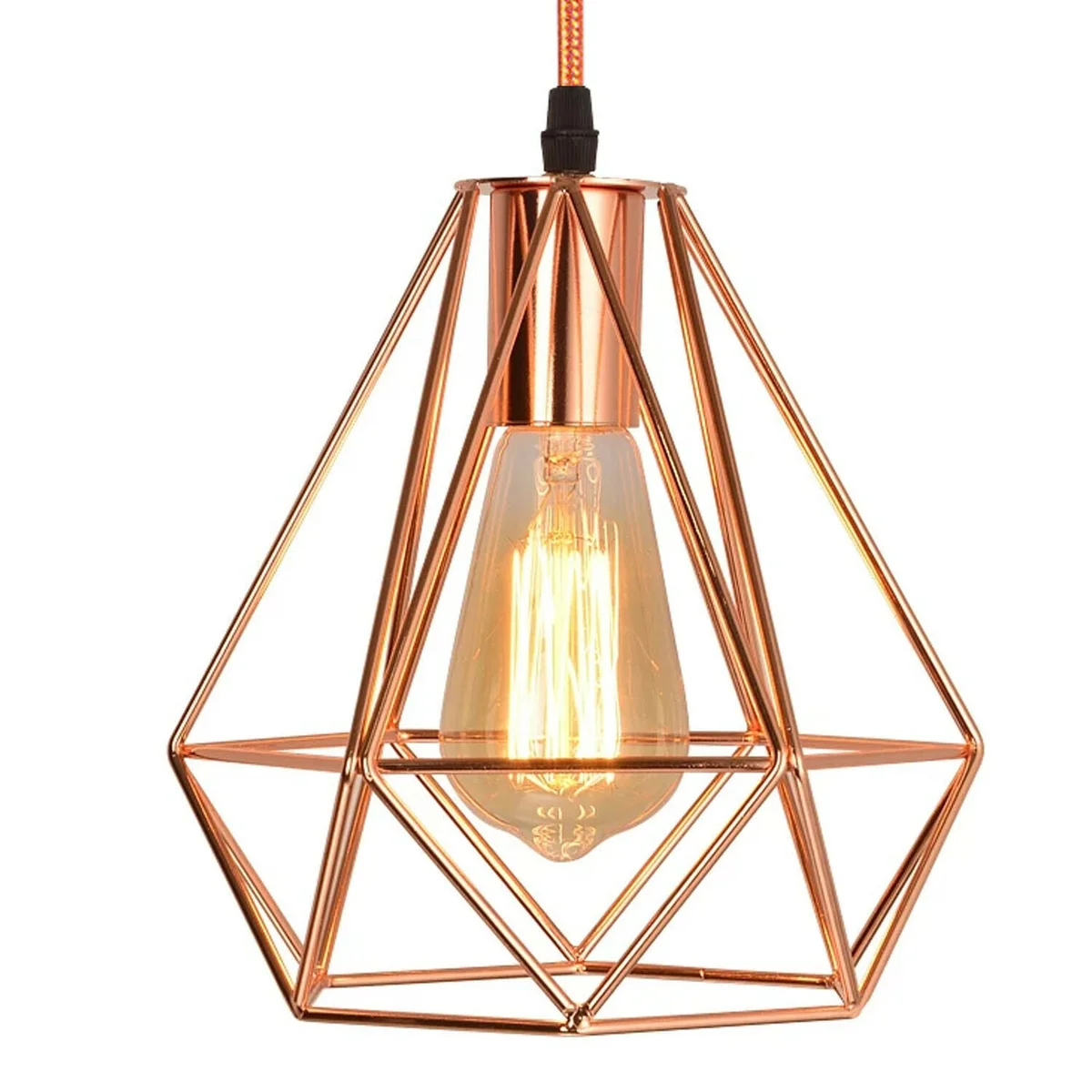 Rose gold metal pendant with diamond cage design, industrial style, hanging from a ceiling rose, 95cm cable.