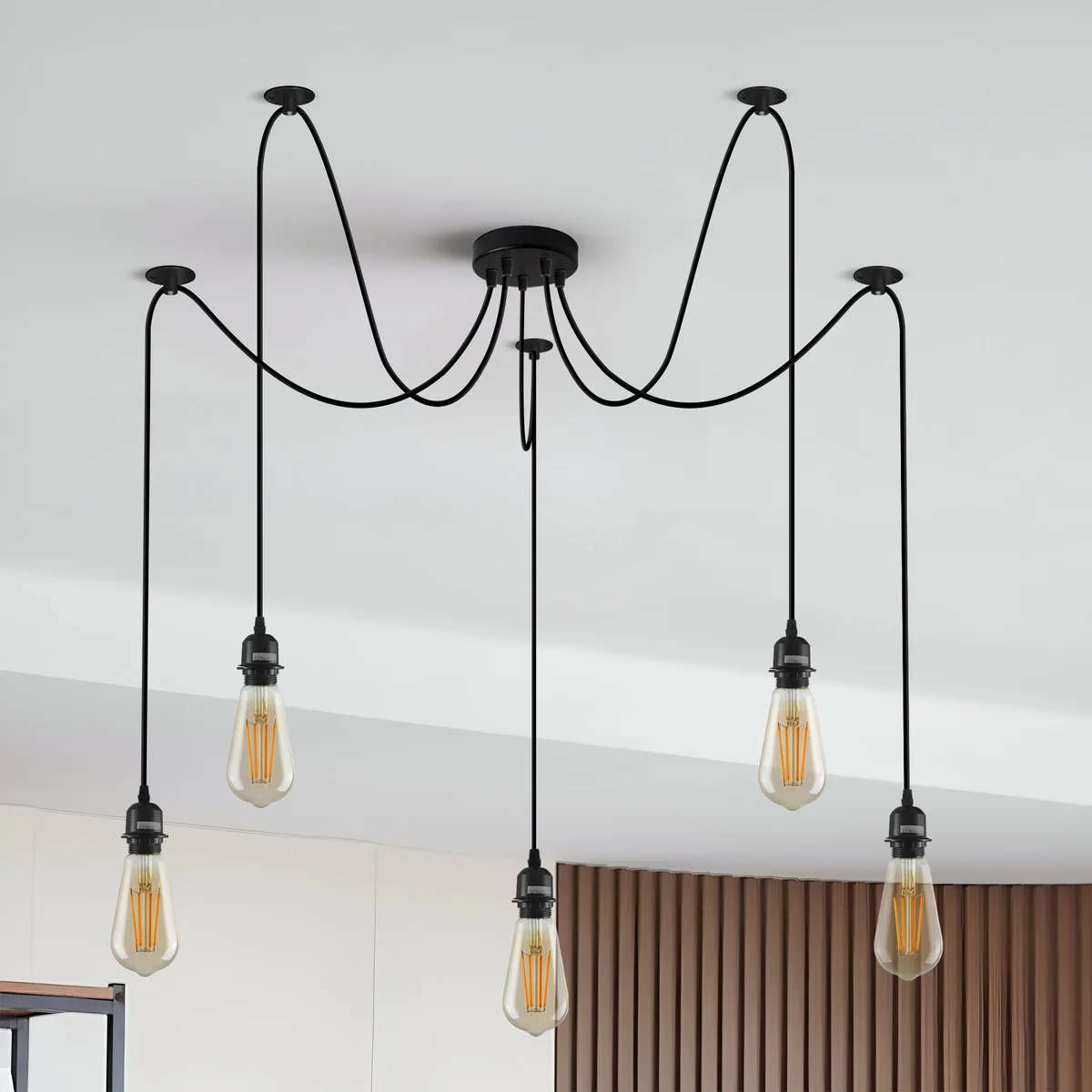 Black pendant light with spider design, metal frame, 5 bulbs, adjustable black cable, ceiling rose.