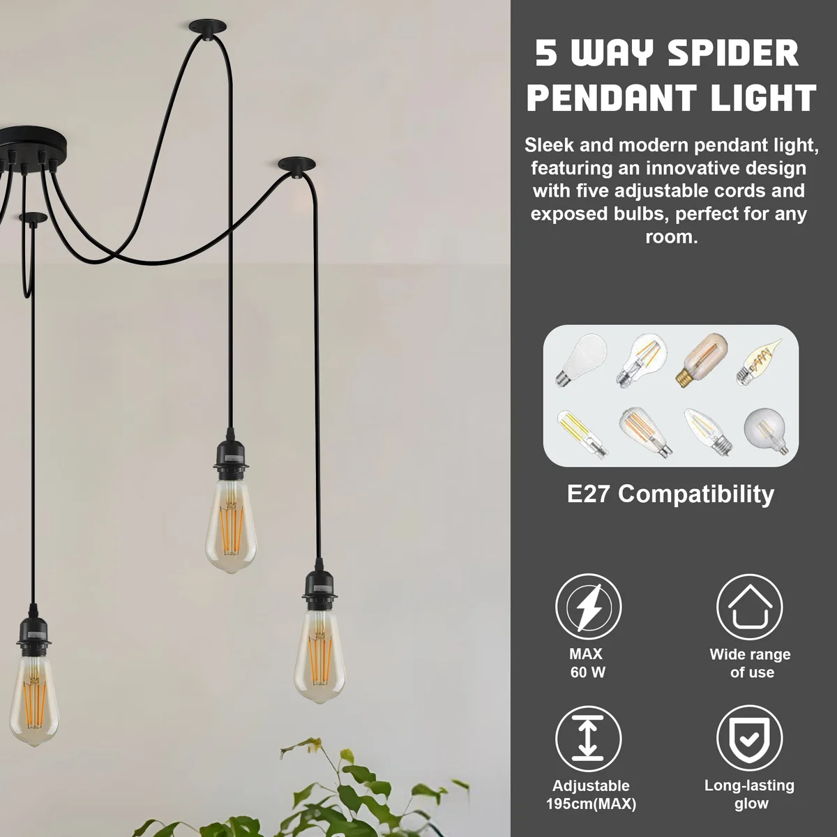 Black metal spider lamp, adjustable pendant lighting with five heads and black cable