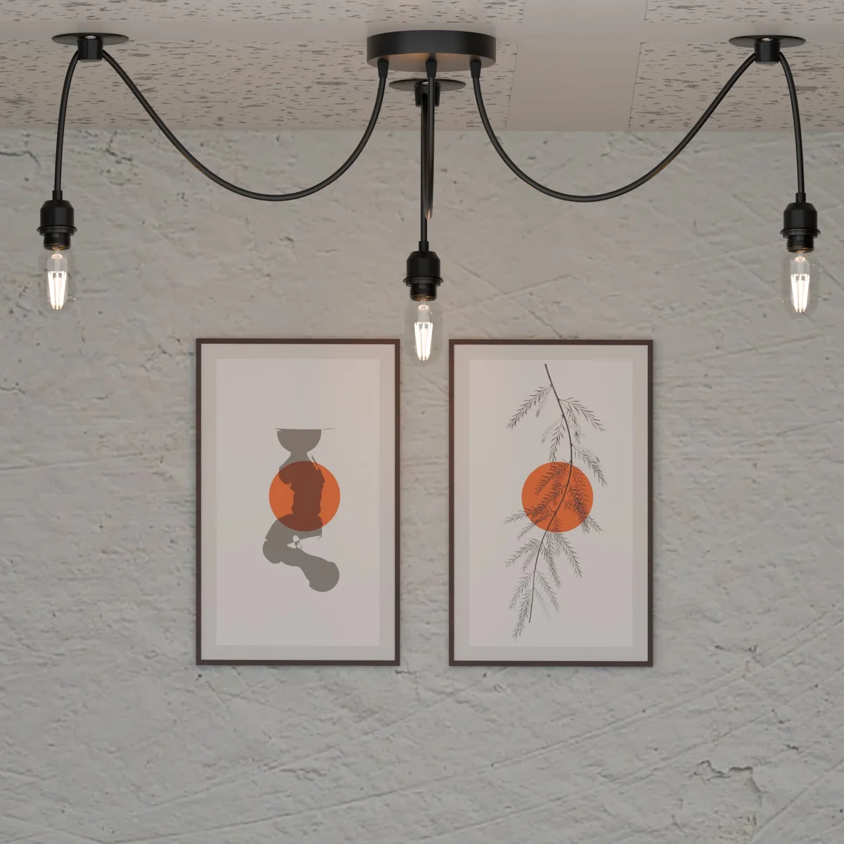 Black metal ceiling light pendant with spider design, adjustable 195 cm cable and colorful multi‑layered heads.