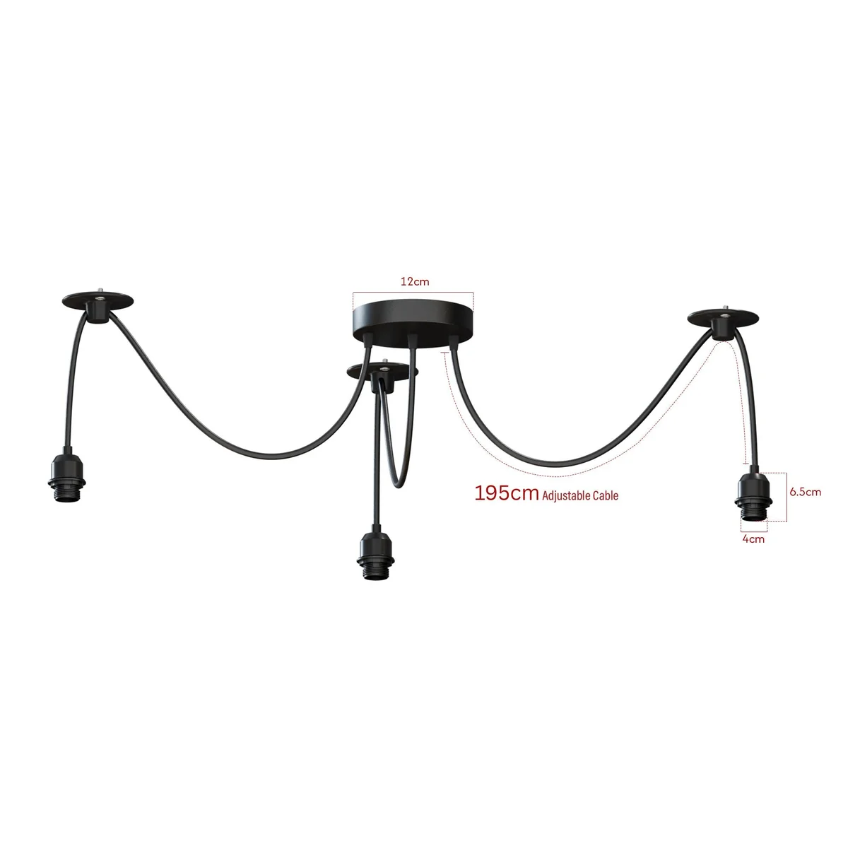 Elegant black metal spider pendant with 5 heads, soft textured, black round adjustable cable, great for warm light pendant.