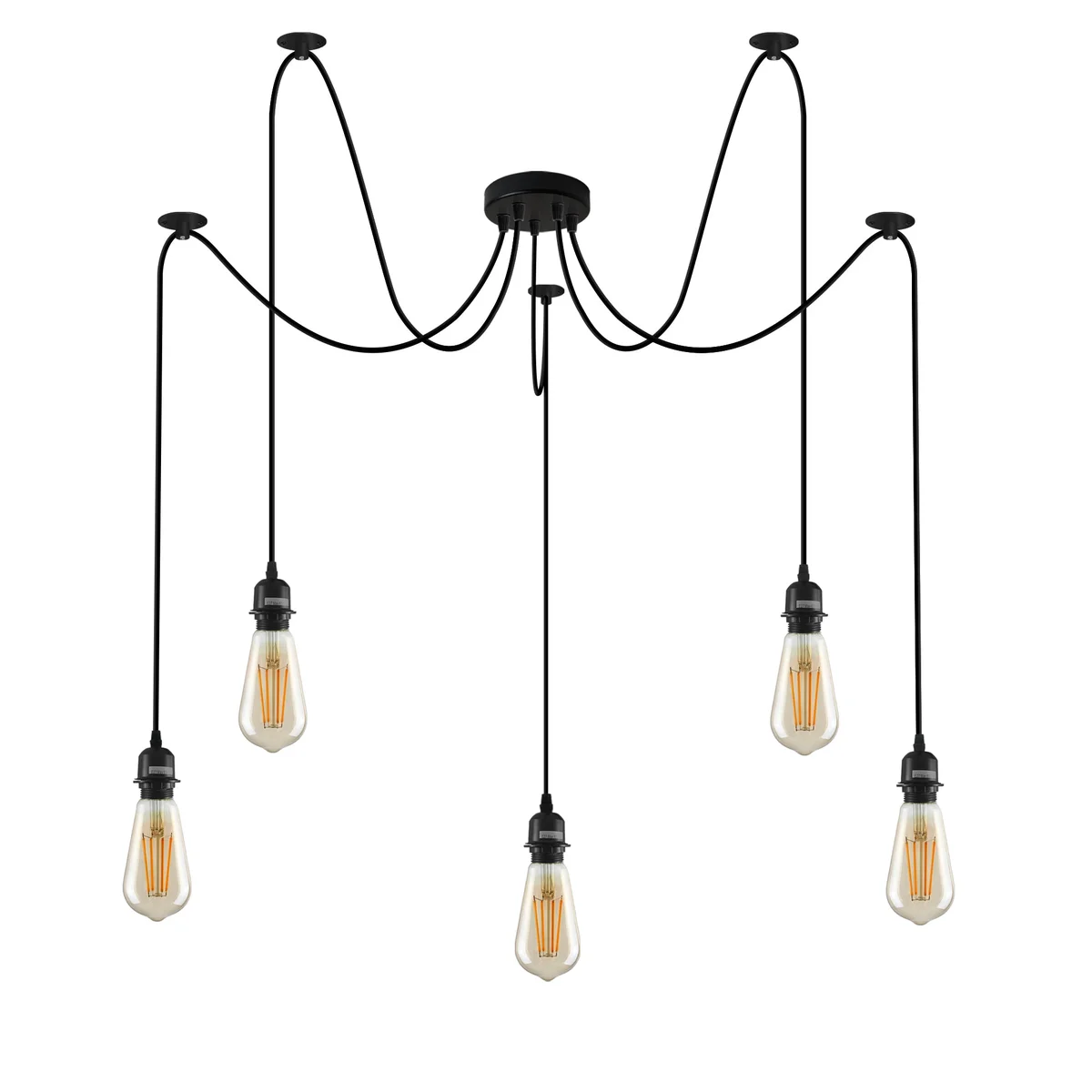 Black pendant light with spider design, five metal lamps in varied colours, hanging on 195‑cm black cable