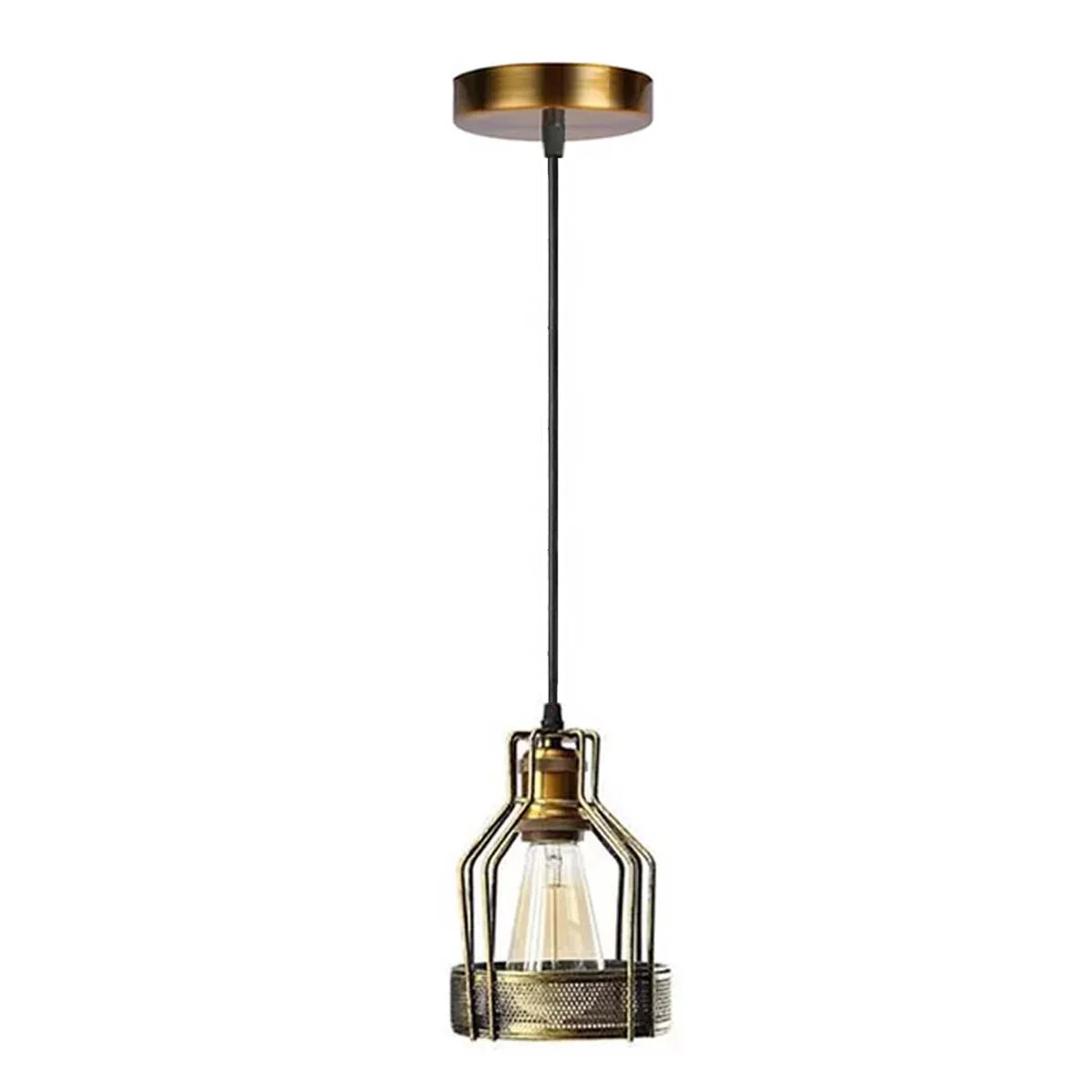 Modern brass pendant light with round 140mm brass shade, black PVC cable, industrial design.