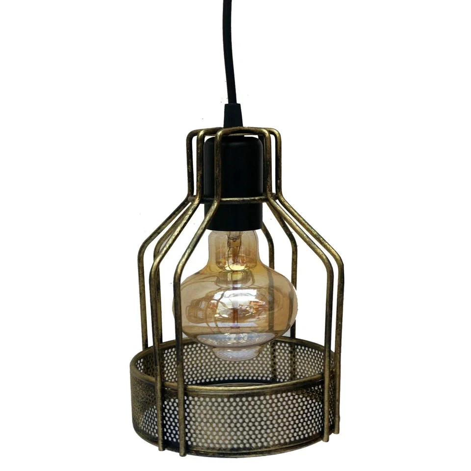 Brass ceiling pendant with a round brass canopy, 140 mm diameter, 200 mm height, black fabric cable, and a single E27 socket.