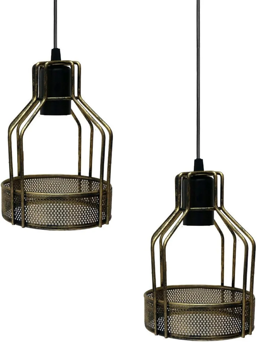 Modern industrial style chandelier with a round 140mm brass shade and 200mm height, hanging from 100cm black PVC cable.