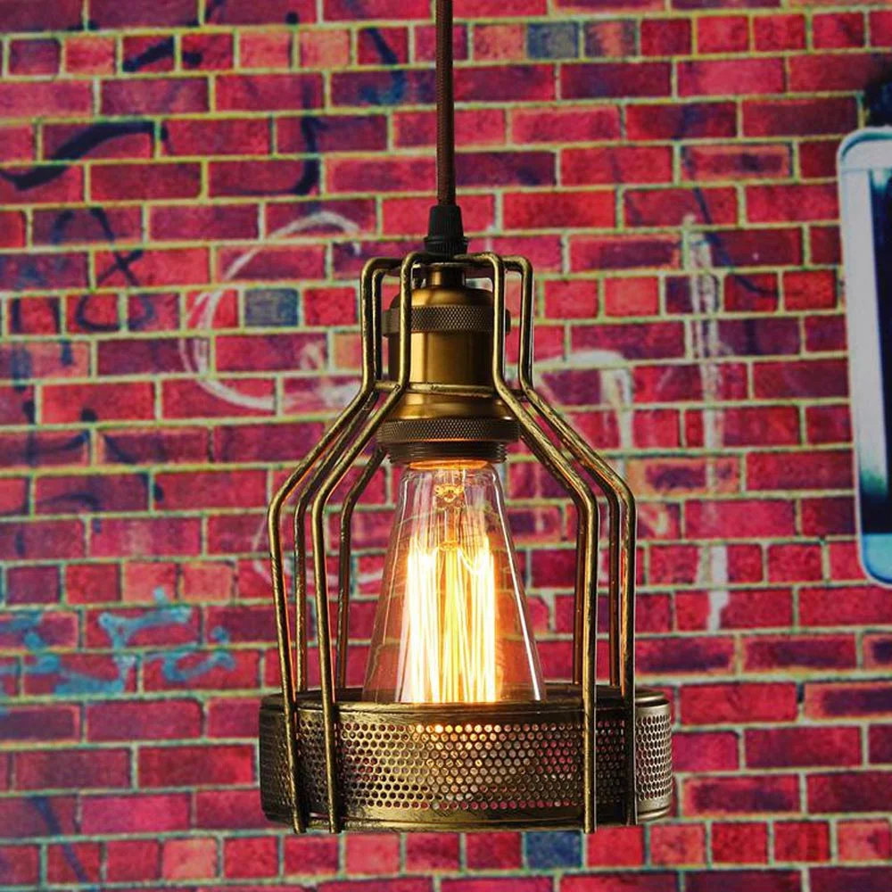 Brass round pendant light with 140mm diameter shade, 200mm height, black PVC cable, E27 pendant light