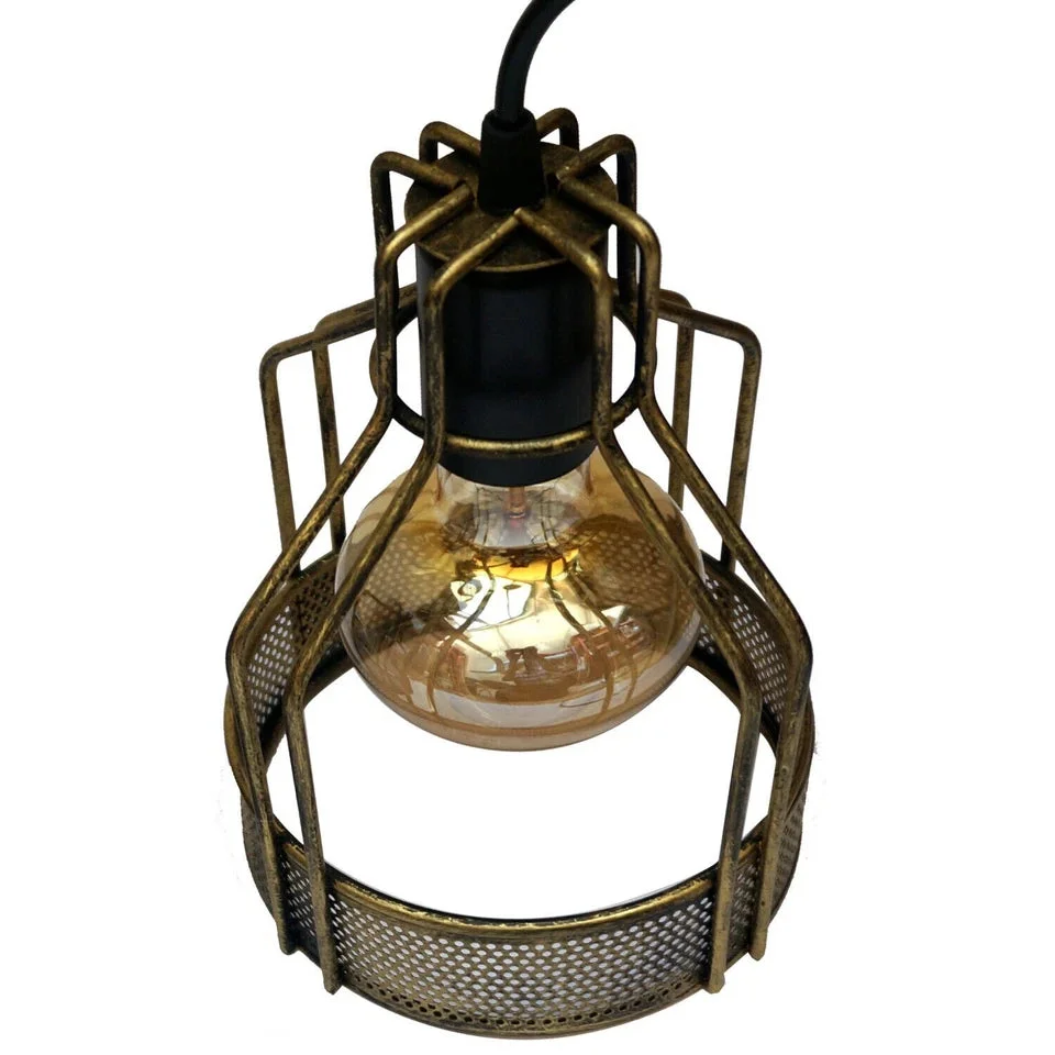 Modern brass pendant light with round 140mm canopy, 200mm height, black fabric wires, E27 socket, industrial style
