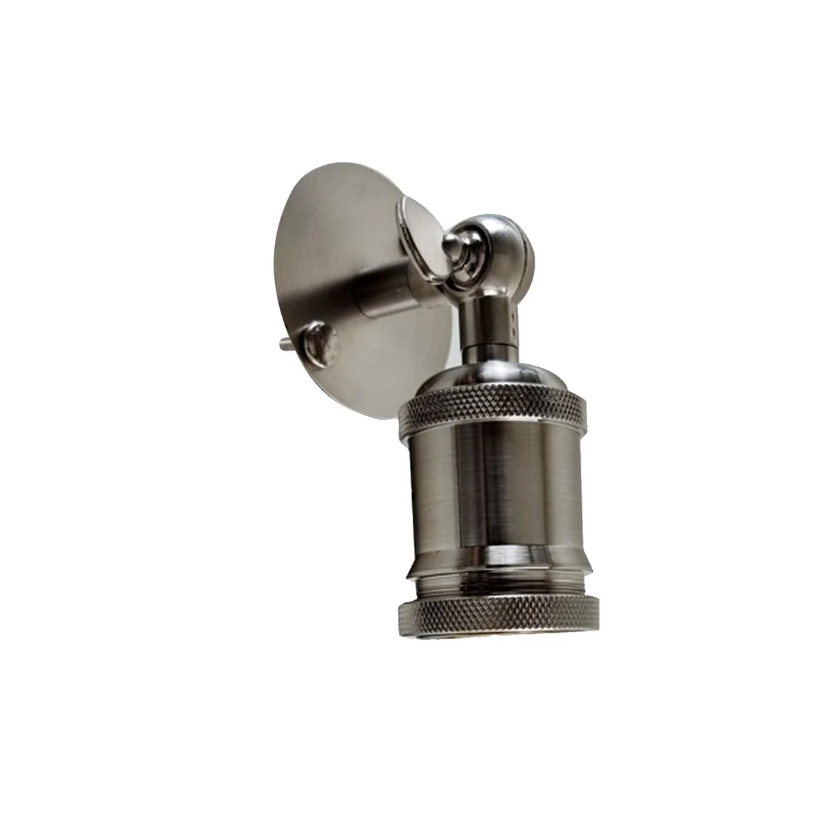 Satin nickel wall sconce with sleek industrial shape, mounted on wall, featuring location for E27 bulb