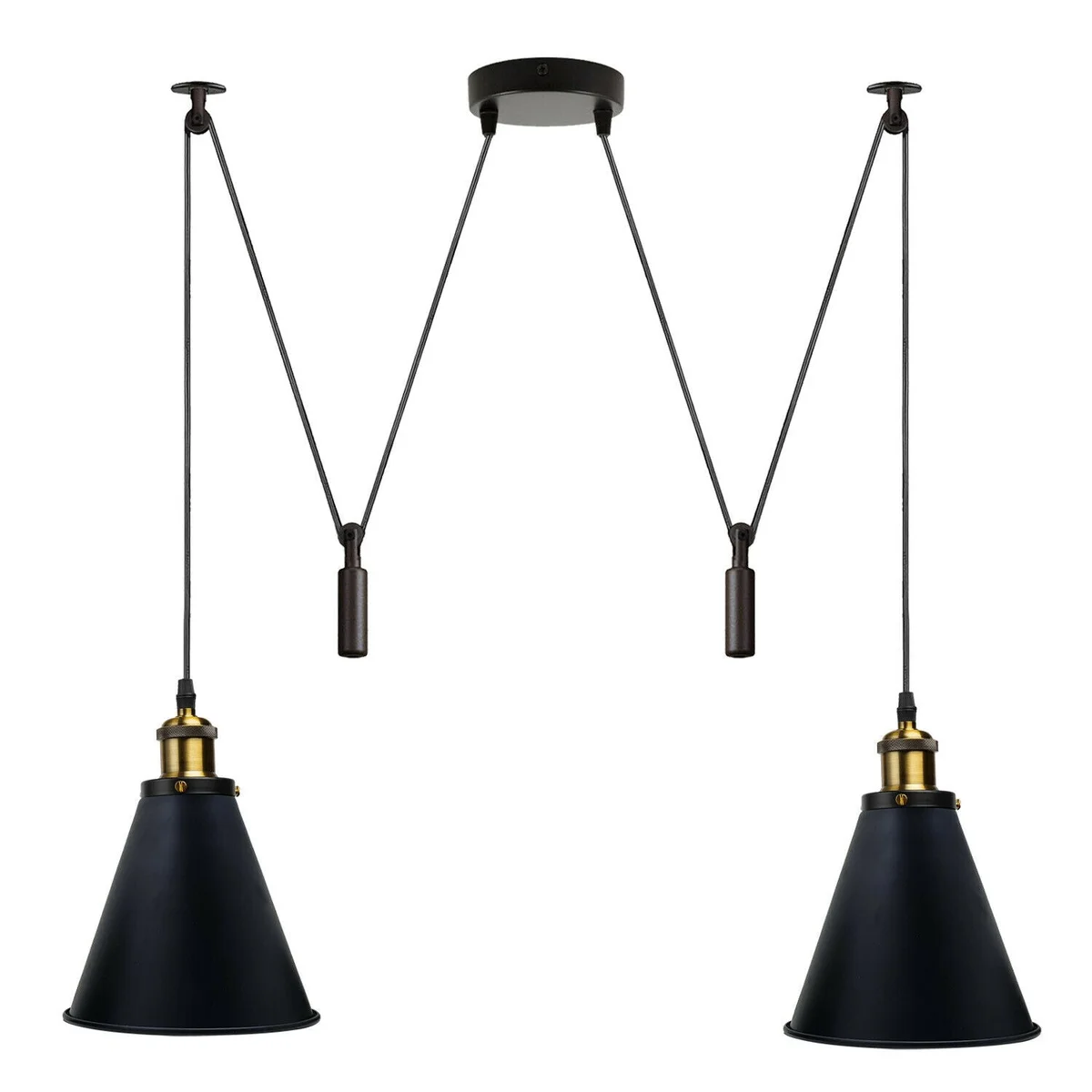 Industrial pendant light with dual heads, black metal shades, pulleys and 200cm cable for modern space‑saving lighting.
