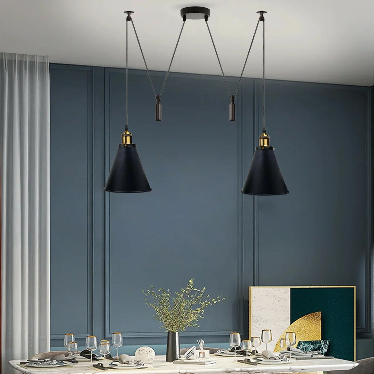 Black 2-way pulley light with dual metal lampshades and adjustable 200 cm cables, featuring upper and lower pulley wheels
