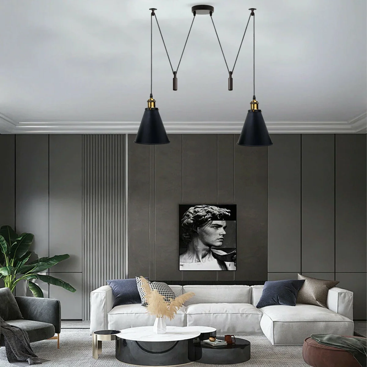 Dual‑head black metal adjustable cable pendant with pulley wheels, 200cm cable, E27 holders, modern industrial style.