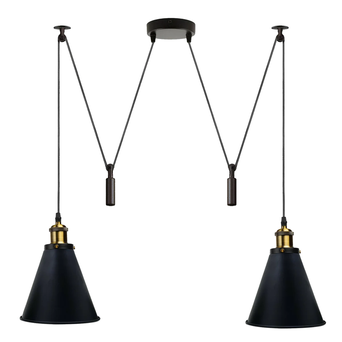 Dual‑head black metal pendant lighting with adjustable 200 cm pulley system, sleek metal shades, wall‑mounted.