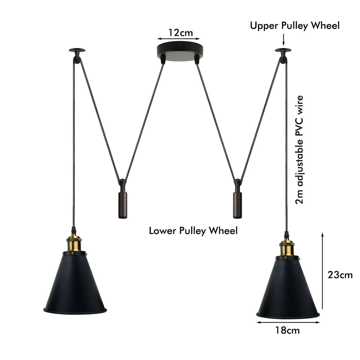 Dual‑head black metal pendant light with two adjustable cables and pulley wheels – an E27 bulb pendant.