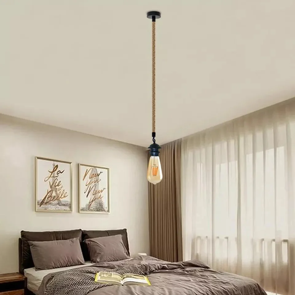 Metal hanging light holder with 100cm hemp rope, E27 socket, and lampshade – industrial vintage style.
