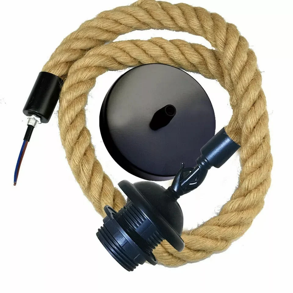 Vintage ceiling light: metal rod with 100cm hemp rope, E27 socket, pendant style.