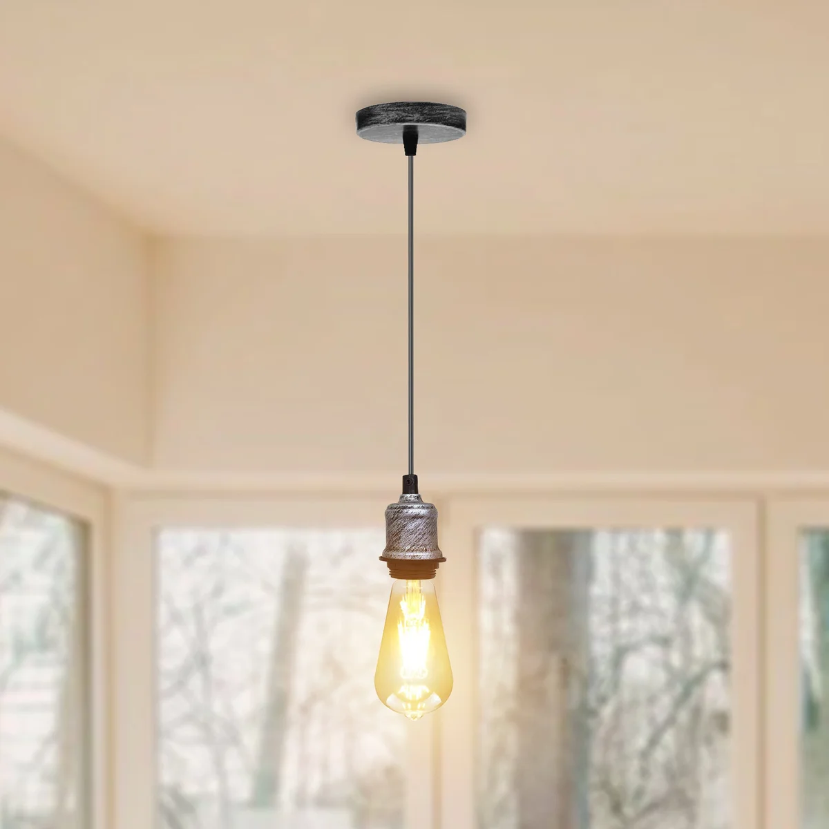 Brushed copper metal pendant ceiling light hanging from adjustable 95cm cable, 12cm ceiling rose, retro industrial style.