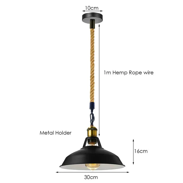 Industrial hemp rope pendant light with 30cm matte black metal shade, 1m hemp rope, E27 screw holder, sleek rustic design.