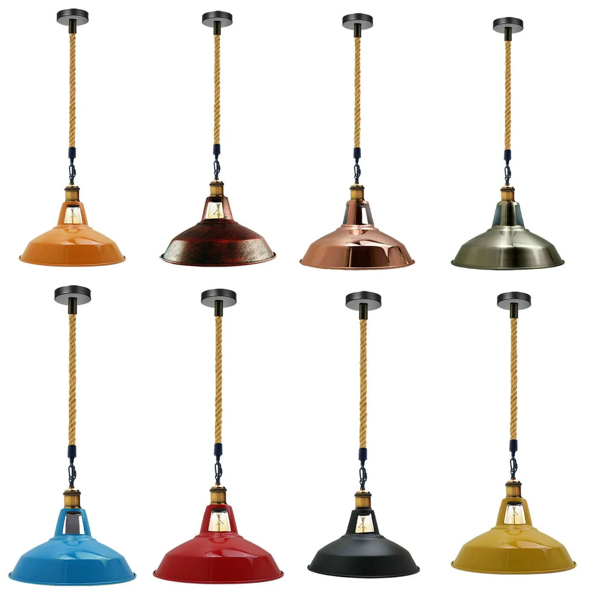 Industrial metal ceiling fitting with 30cm matte black shade, hemp rope wire, and E27 lamp holder.