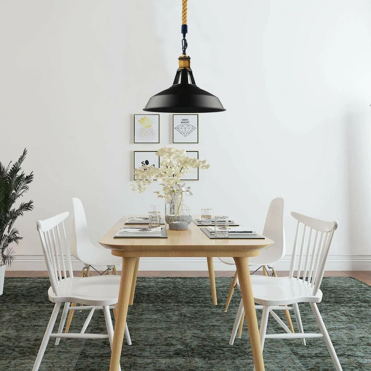 matt black pendant shade with 30cm metal industrial shade, hemp rope wire, metal holder and E27 socket