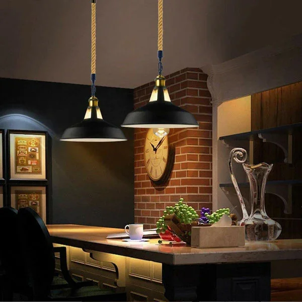 E27 ceiling light fitting with 30cm matte black metal shade wrapped in 1m hemp rope, including ceiling rose.