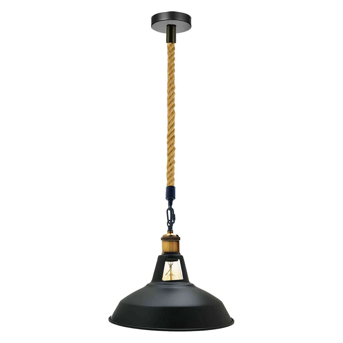 Rust-resistant hemp rope pendant light with 30cm matte black metal shade, E27 socket, industrial aesthetic