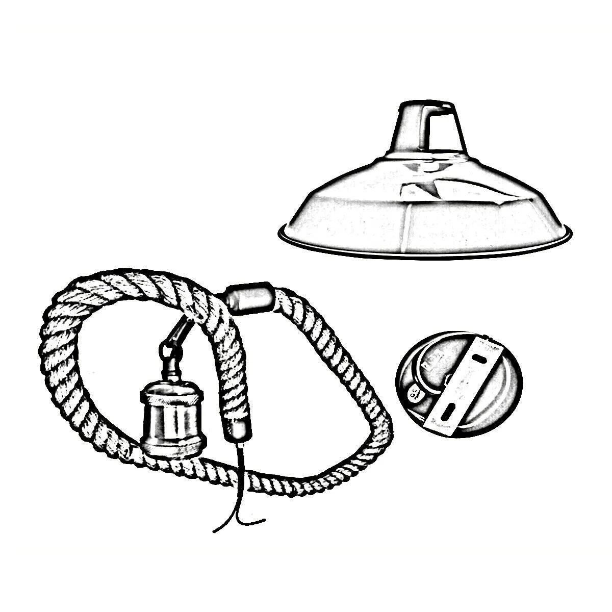 Industrial pendant ceiling light with 30cm matte black metal shade and natural hemp rope string, E27 socket.
