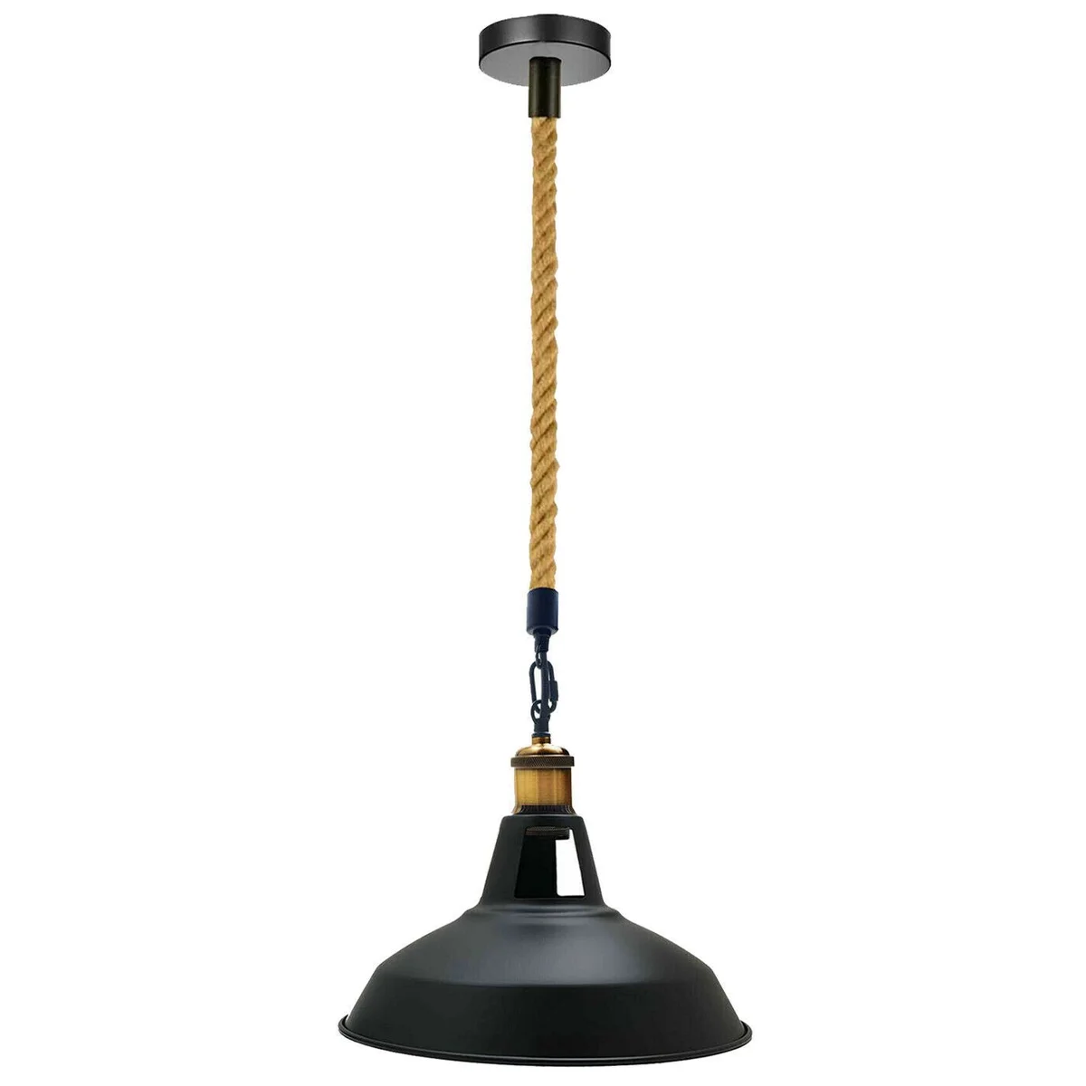 Industrial pendant ceiling light with matte black 30cm shade and natural hemp rope, metal frame, E27 socket